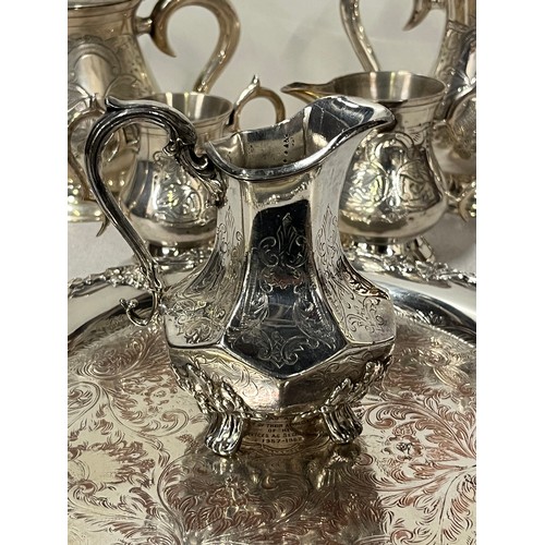 120 - Silver plated teapot set along with silver plated tray & jug.