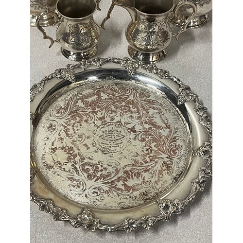 120 - Silver plated teapot set along with silver plated tray & jug.