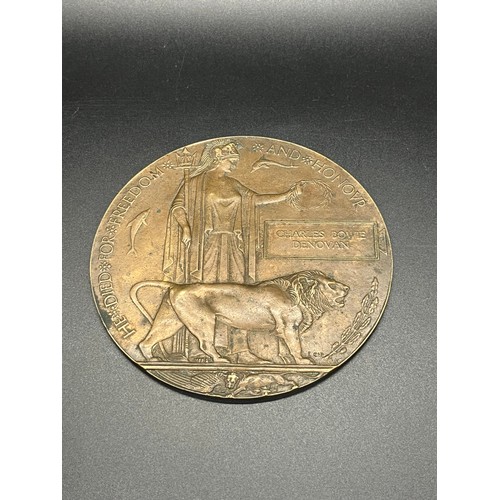 68 - Original WW1 British death plaque penny to Charles Bowie Denovan. Private, 46th Battalion, Infantry ... 