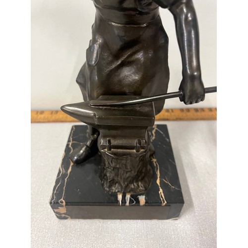 4 - Heavy bronze figure of Blacksmith at his anvil on marble plinth, presented to Sgt A E Brooksby from ... 