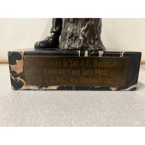 4 - Heavy bronze figure of Blacksmith at his anvil on marble plinth, presented to Sgt A E Brooksby from ... 