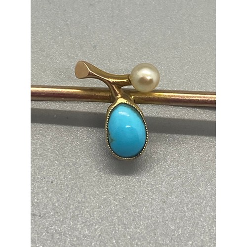 39 - victorian 14ct gold bar brooch with turquoise stone & seed pearl