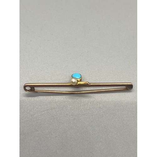 39 - victorian 14ct gold bar brooch with turquoise stone & seed pearl