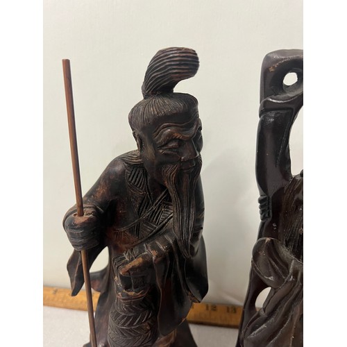 123 - 2 oriental wooden carved immortal figures. Tallest 12