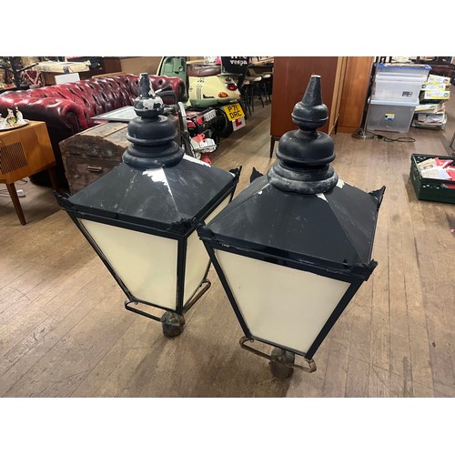 180 - Pair of Large Victorian style street lamp lanterns with decorative corner motifs and hand-turned fin... 