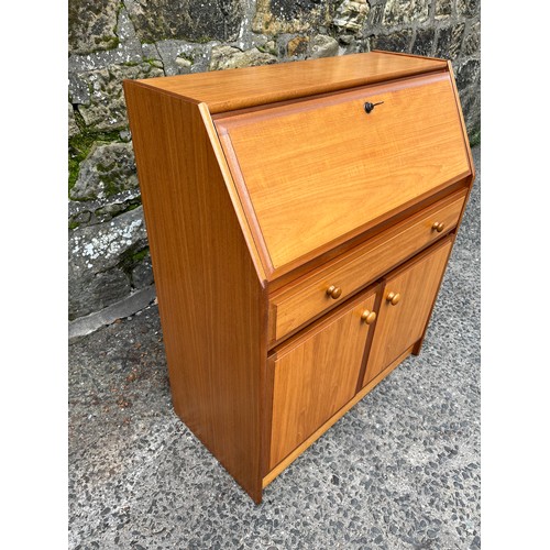 185 - 2 door 1 drawer teak writing bureau model 823L possibly Sutcliffe? with key.