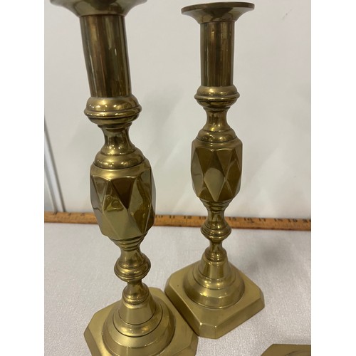 299 - 3 sets of brass candlesticks to include queen of diamonds