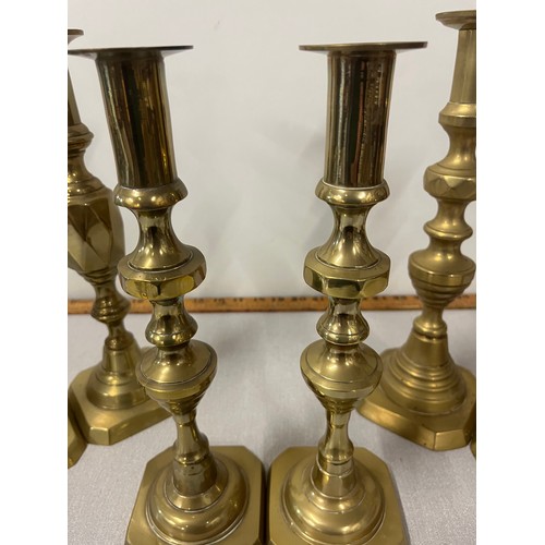 299 - 3 sets of brass candlesticks to include queen of diamonds