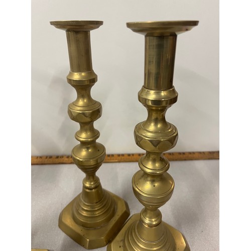 299 - 3 sets of brass candlesticks to include queen of diamonds