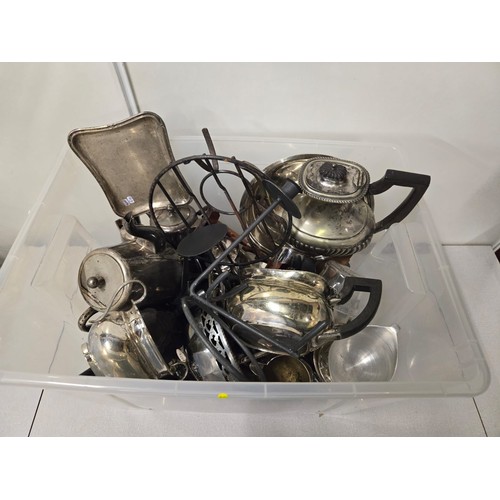 314 - Large box of mainly silver plate items to include tea pots, serving trays etc.