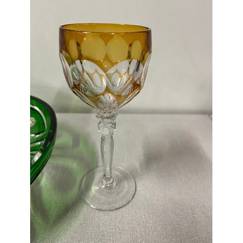 423 - 2 Bohemian crystal glasses along with heavy green glass bowl