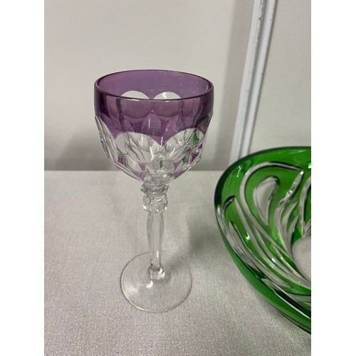 423 - 2 Bohemian crystal glasses along with heavy green glass bowl