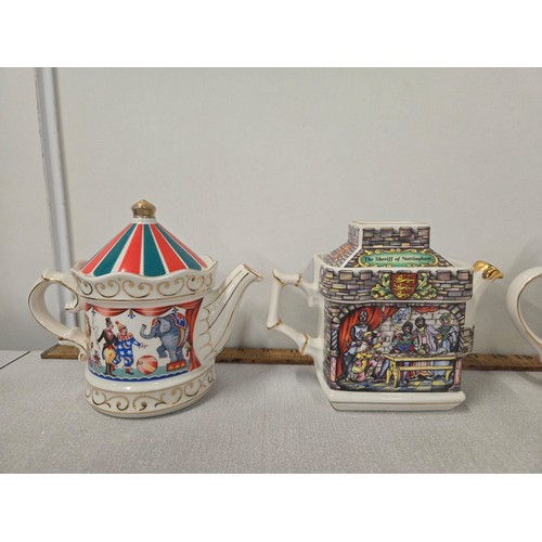 80 - 4 Saddler teapots to include 'Circus', 'Robin Hood', 'sporting scenes from the 18th century Fishing'... 