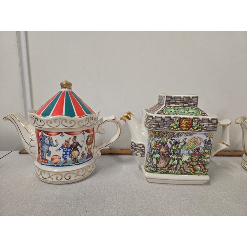 80 - 4 Saddler teapots to include 'Circus', 'Robin Hood', 'sporting scenes from the 18th century Fishing'... 