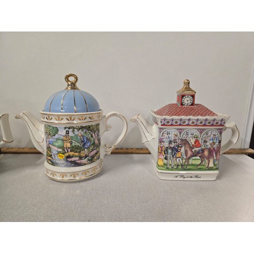 80 - 4 Saddler teapots to include 'Circus', 'Robin Hood', 'sporting scenes from the 18th century Fishing'... 