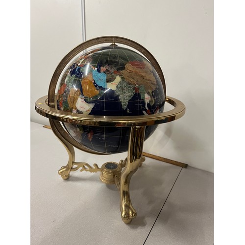 2 - Large blue ocean gold gemstone world map globe on brass stand with built in compass 17 inches tall