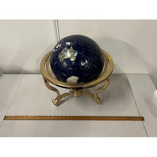 2 - Large blue ocean gold gemstone world map globe on brass stand with built in compass 17 inches tall