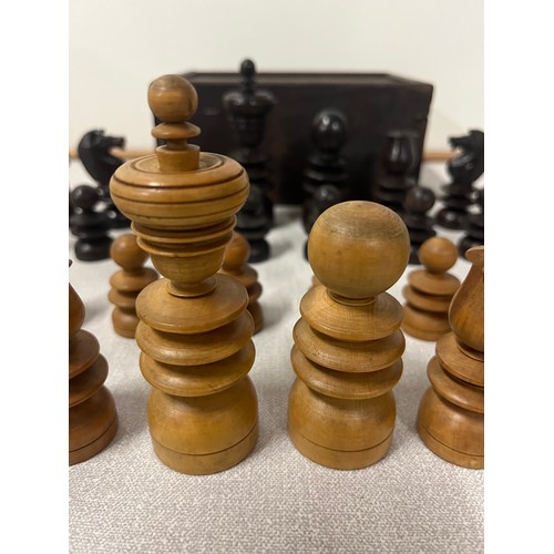 22 - Antique carved wooden chess set St George Jaques with original box.