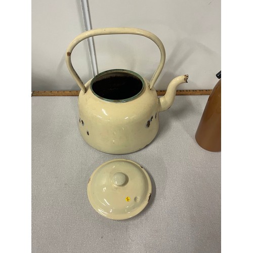 100 - Vintage 6 litre enamel kettle by Rockums Sweden along with soda syphon.