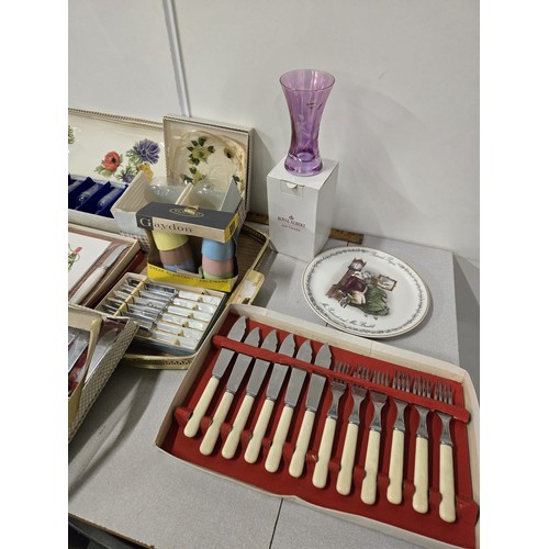 408 - Tray of misc to include mainly boxed items, Cutlery, Carlton ware, Royal Albert & Chance glass etc.