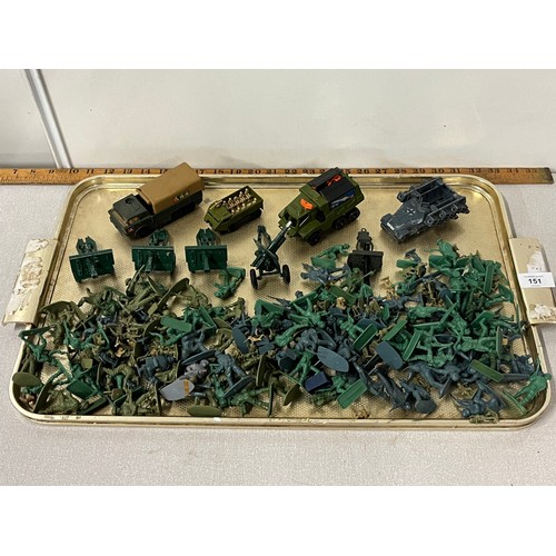 151 - Large tray of soldiers along with diecast military vehicles to include Corgi and Matchbox.