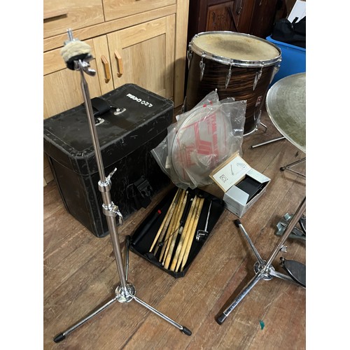 265 - Selection of drumming equipment to include premier snare & Premier hardware & spare skins etc.