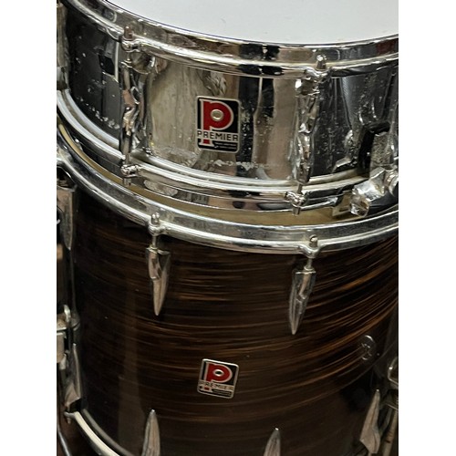 265 - Selection of drumming equipment to include premier snare & Premier hardware & spare skins etc.