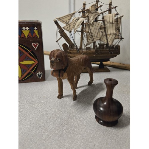 179 - Selection of wooden items to include Laburnum wood mushroom, Ships & Carved Newfoundland dog etc.