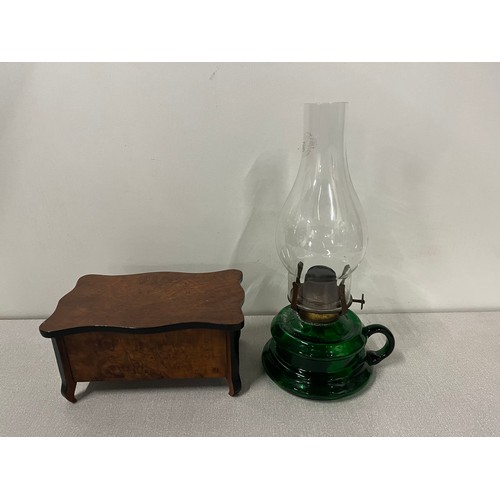 472 - vintage oil lamp & wooden jewellery box