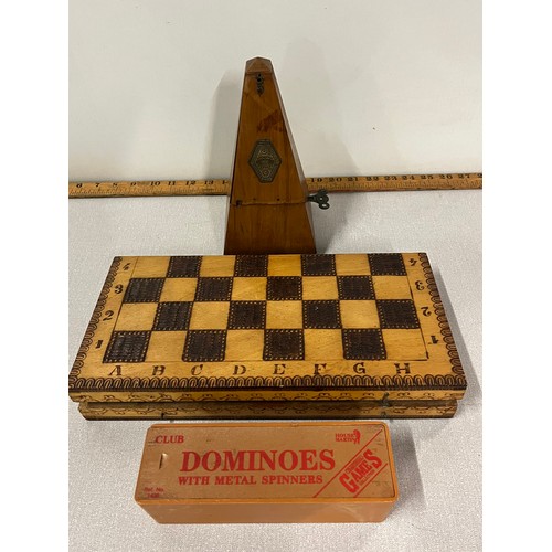 92 - Antique metronome along with vintage domino's with metal spinners & chess set etc.