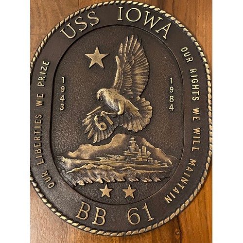 136 - Large bronze plaque on wooden shield of U.S.S Iowa BB-61 presented to the Lord Mayor of Portsmouth o... 