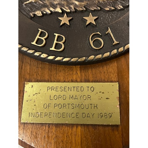 136 - Large bronze plaque on wooden shield of U.S.S Iowa BB-61 presented to the Lord Mayor of Portsmouth o... 