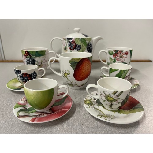 278 - Portmeirion 'Eden Fruits' tea pot, 3 large cups & 4 place  coffee set.