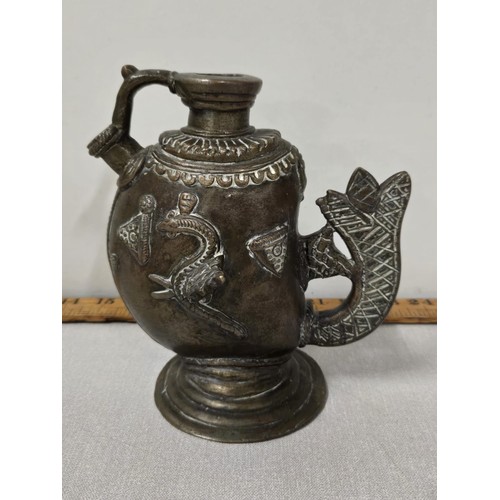 144 - Antique heavy bronze tea pot/hookah along with Islamic brass small plates, tea pot/ hookah weighs 1.... 