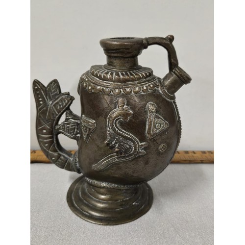 144 - Antique heavy bronze tea pot/hookah along with Islamic brass small plates, tea pot/ hookah weighs 1.... 