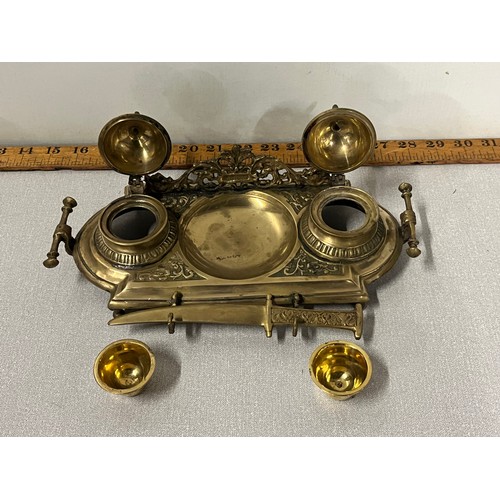 95 - Vintage brass desk stand with double ink wells