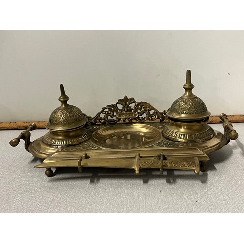 95 - Vintage brass desk stand with double ink wells