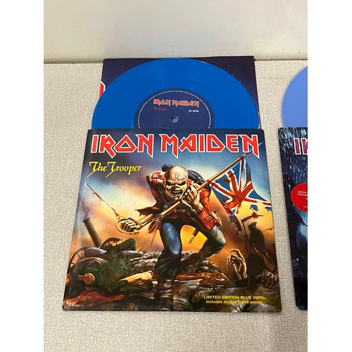 79 - Iron Maiden Blue Vinyl The Trooper with poster- Iron Maiden Blue Vinyl Rain Maker & Iron Maiden Fear... 