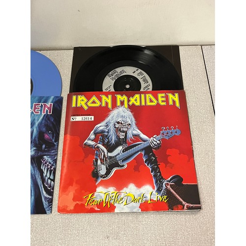 79 - Iron Maiden Blue Vinyl The Trooper with poster- Iron Maiden Blue Vinyl Rain Maker & Iron Maiden Fear... 