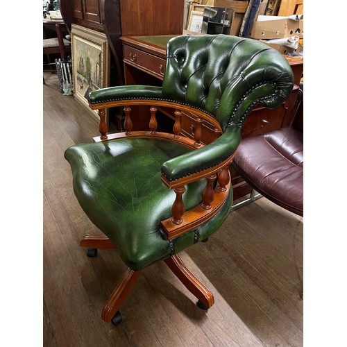 281 - Green leather chesterfield captains chair