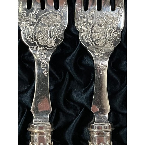 282 - silver plated cutlery set by A&DS with floral pattern & bone handles in fitted box with key