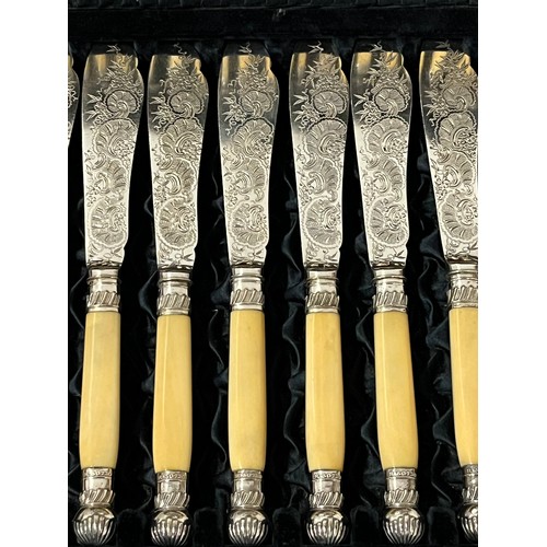 282 - silver plated cutlery set by A&DS with floral pattern & bone handles in fitted box with key