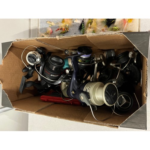 350B - 2 boxes of assorted fishing reels & tackle to include vintage items , spools etc