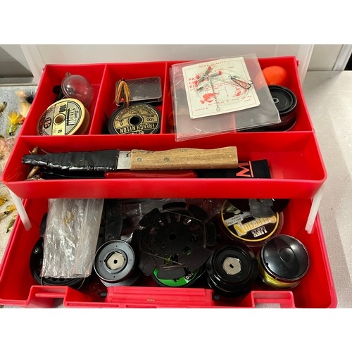 350B - 2 boxes of assorted fishing reels & tackle to include vintage items , spools etc