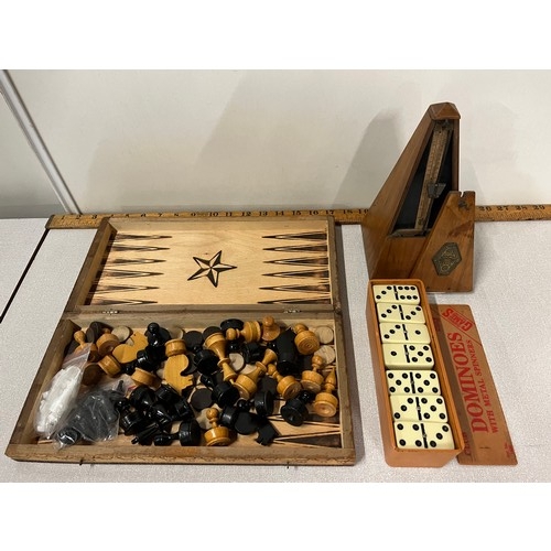 92 - Antique metronome along with vintage domino's with metal spinners & chess set etc.