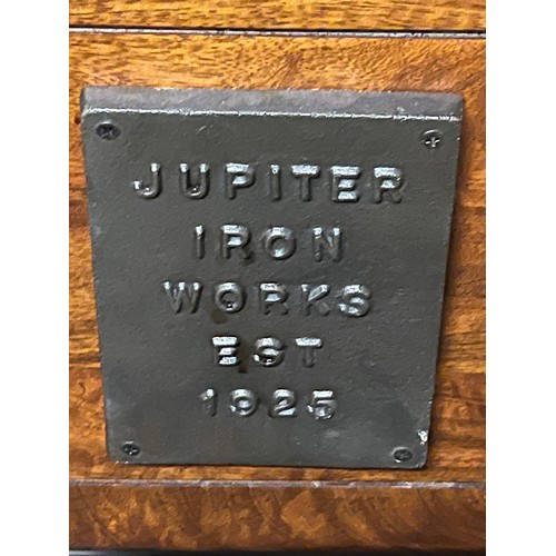 28 - Heavy Solid mango wood Jupiter iron work est 1925 wine cart, with sliding barn style door, one openi... 