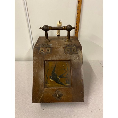 410 - Vintage metal coal scuttle with shovel. decorated with hand painted swallow design.