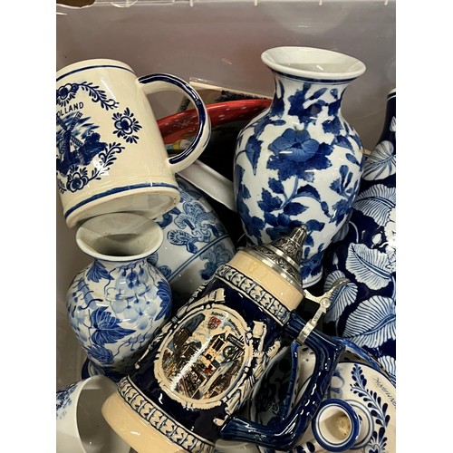 491 - Box of blue & white ceramics to include vases & steins etc.