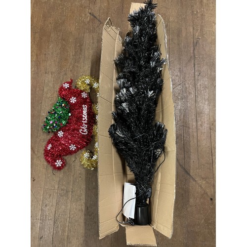 576 - 4ft silver & black Fibreoptic Christmas tree along with Christmas decoration.