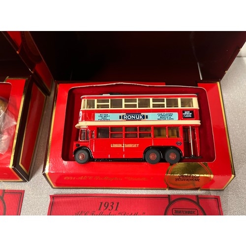 107 - 2 x boxed Matchbox models- 1923 Scania/vabis post bus along with 1931 AEC trolley bus diddler with c... 